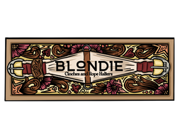 Blondie Cinches and Rope Halters main logo, mohair cinch with flower, scroll, hearts, clubs, spades, diamonds, stars and dot accents.