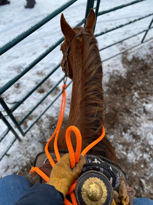 Riding in mecate reins in wintertime. Orange mecate reins, colt starting tools